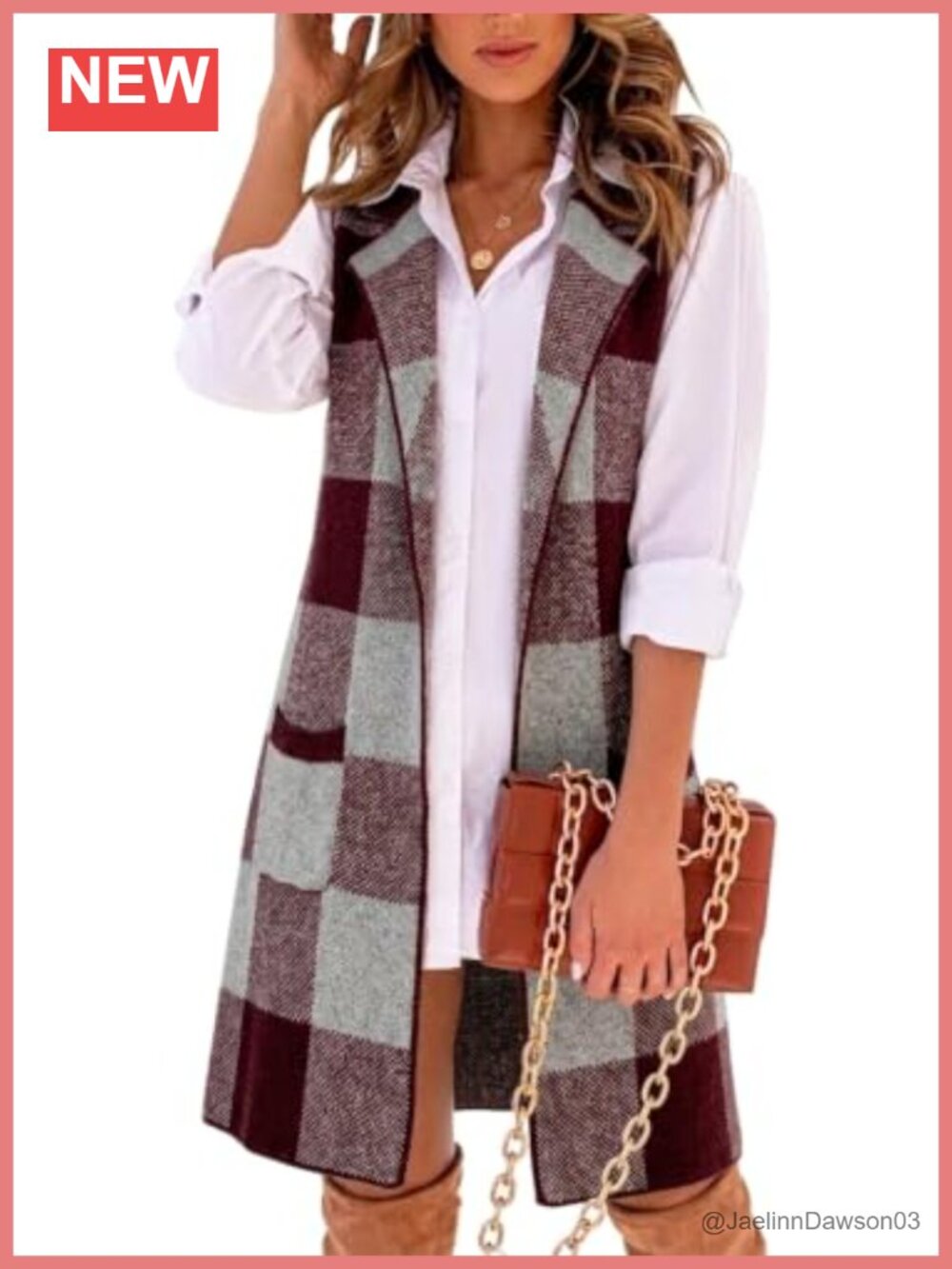 Long Plaid Sweater Vest Open Front Sleeveless Knitted Cardigan